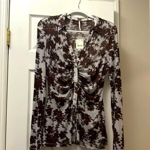 NWT Free People blouse size medium with brown and blue flower pattern